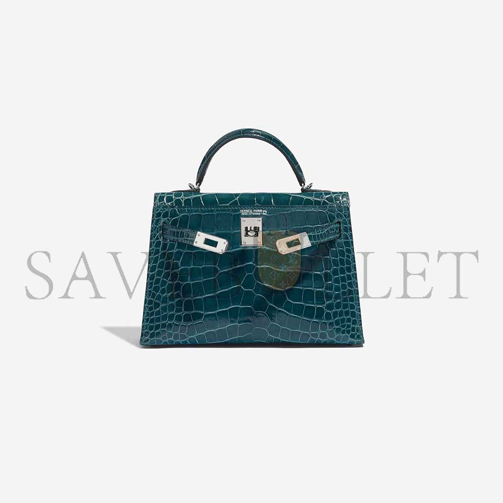 H**mes master kelly mini ii silver buckle shiny crocodile bosphorus green (19*12*5.5cm)